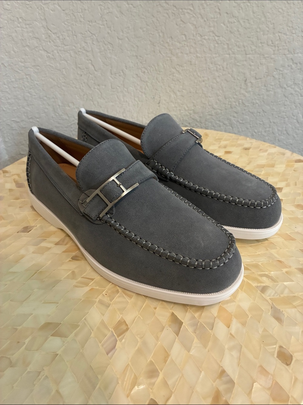 Gray Suede Slip-On Loafers with Silver Bit